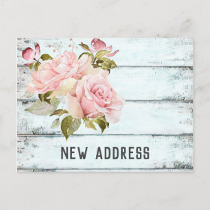 Pink Roses Rustic Aqua Fence New Address Announcement Postcard