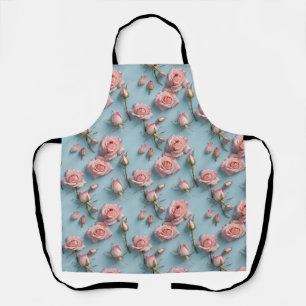 Pink Roses Scattered Across Light Blue Background Apron