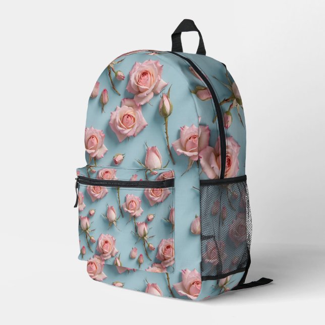 Pink Roses Scattered Across Light Blue Background Printed Backpack (Back Corner Right)