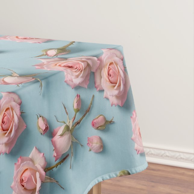 Pink Roses Scattered Across Light Blue Background Tablecloth (In Situ)