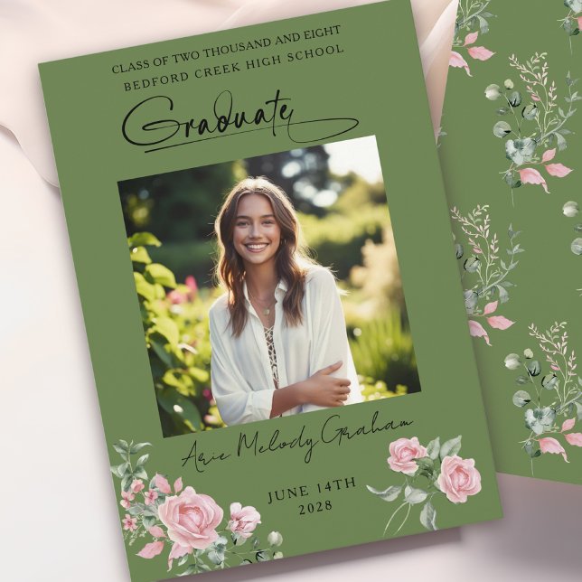 Pink Roses Script Photo Graduation Announcement (Creator Uploaded)