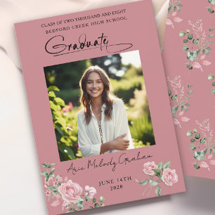 Pink Roses Script Photo Graduation Announcement