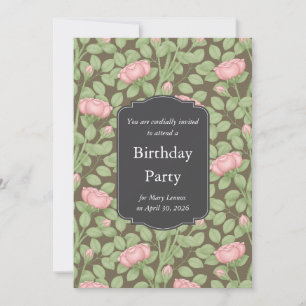 Pink Roses Secret Garden Brown Birthday Invitation