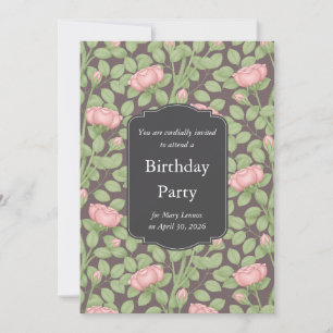 Pink Roses Secret Garden Dark Plum Birthday Invitation