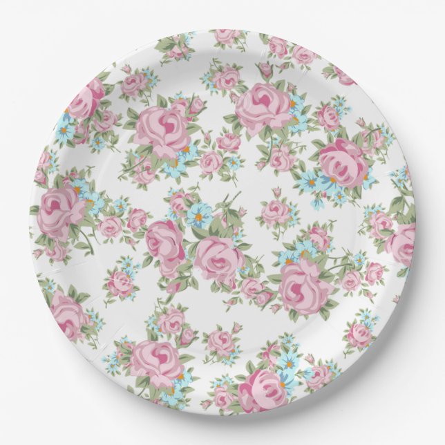 Pink Roses Shabby Vintage Chic Antique Paper Plate (Front)