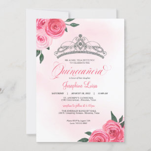 Pink Roses Silver Tiara Quinceañera Watercolor Invitation