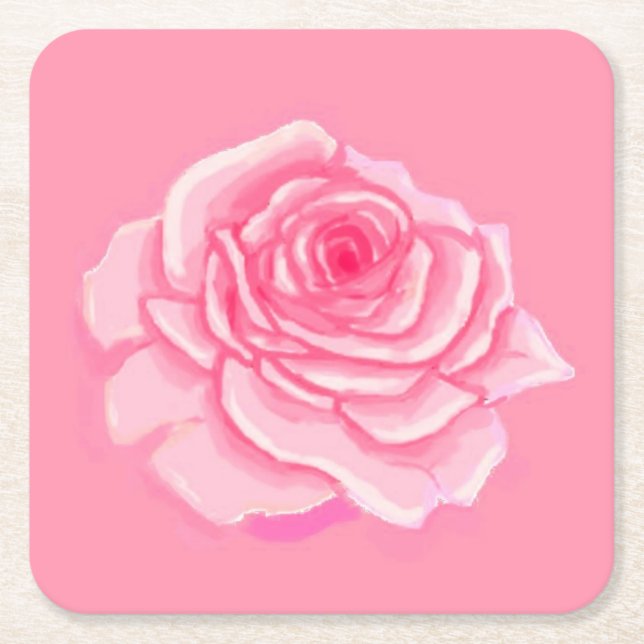 Pink roses square paper coaster (Front)