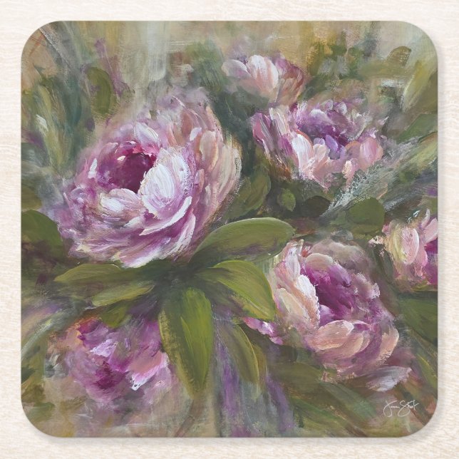 Pink Roses Square Paper Coaster (Front)