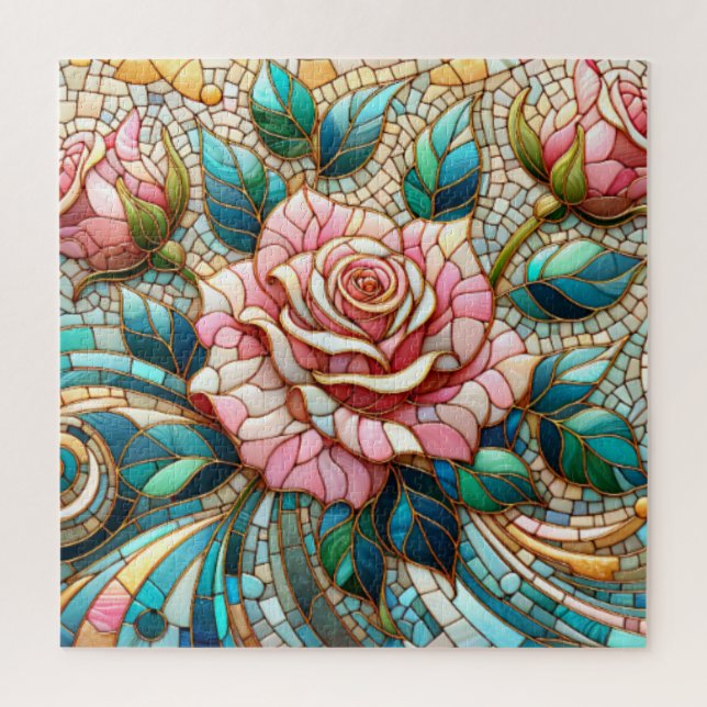 Pink Roses Stained Glass Mosaic Jigsaw Puzzle (Vertical)