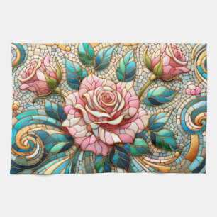 Pink Roses Stained Glass Mosaic Tea Towel