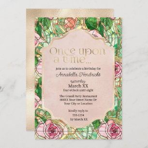 Pink Roses Stained Glass Sleeping Beauty Fairytale Invitation