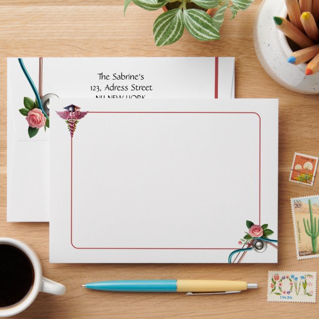 Pink Roses Stethoscope Nurse Graduation envelope (Desk)