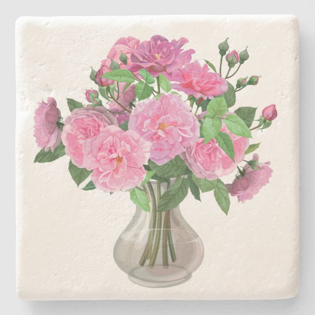 Pink Roses Stone Coaster (Front)
