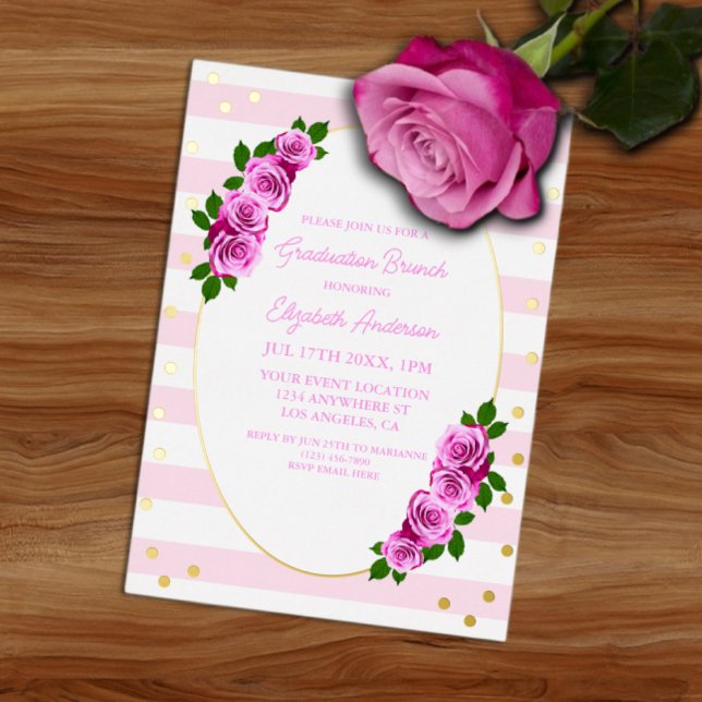 Pink Roses Striped Graduation Brunch (Creator Uploaded)