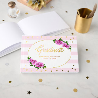 Pink Roses Striped Graduation Brunch Guest Book