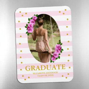Pink Roses Striped Graduation Brunch Magnet