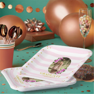 Pink Roses Striped Graduation Brunch Paper Plate