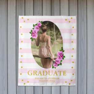 Pink Roses Striped Graduation Brunch Tapestry