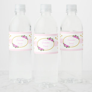 Pink Roses Striped Graduation Brunch Water Bottle Label