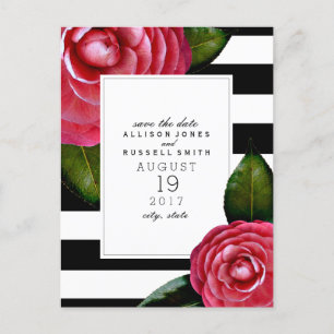 Pink Roses Striped Wedding Save The Date Announcement Postcard