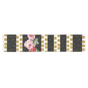 Pink roses stripes gold faux glitter polka dots short table runner
