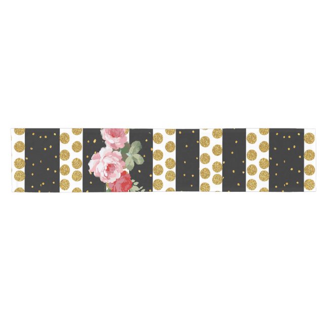 Pink roses stripes gold faux glitter polka dots short table runner (Horizontal)
