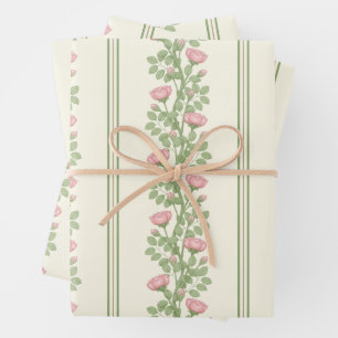 Pink Roses & Stripes on Cream Wrapping Paper Sheet
