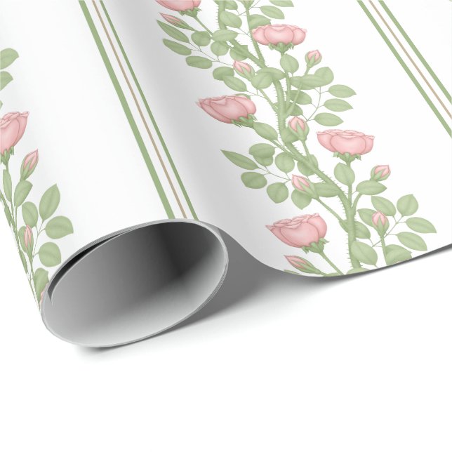 Pink Roses & Stripes on White Wrapping Paper (Roll Corner)