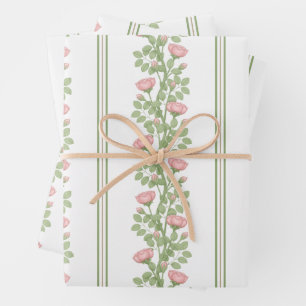 Pink Roses & Stripes on White Wrapping Paper Sheet
