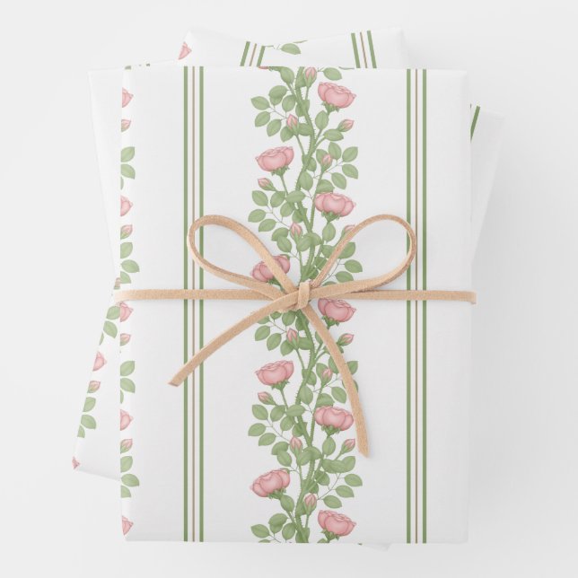 Pink Roses & Stripes on White Wrapping Paper Sheet (In situ)