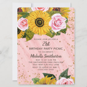 Pink Roses Sunflowers Gold Glitter 21st Birthday  Invitation