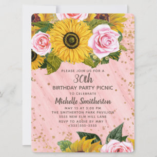 Pink Roses Sunflowers Gold Glitter 30th Birthday Invitation