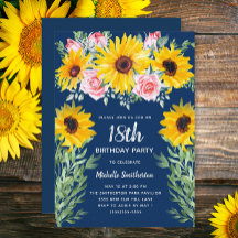 Pink Roses Sunflowers Navy Blue 18th Birthday