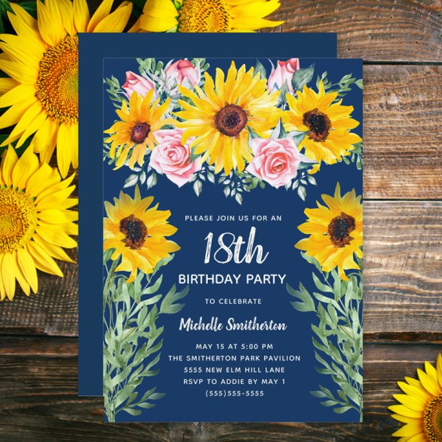 Pink Roses Sunflowers Navy Blue 18th Birthday Invitation (Sunflowers and pink roses on navy blue custom 18th birthday party invitation)