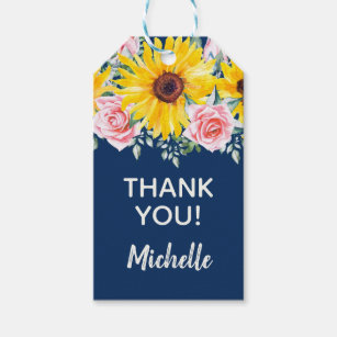 Pink Roses Sunflowers Navy Blue Birthday Thank You Gift Tags