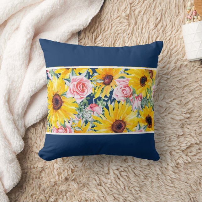 Pink Roses Sunflowers Navy Blue  Cushion (Blanket)