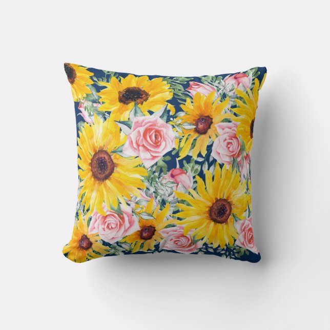 Pink Roses Sunflowers Navy Blue Cushion (Front)