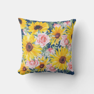 Pink Roses Sunflowers Navy Blue Porch Patio Cushion