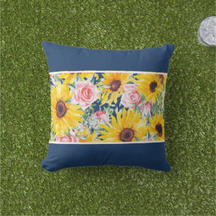 Pink Roses Sunflowers Navy Blue Porch Patio Outdoo Cushion