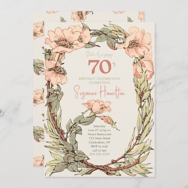 Pink Roses Surprise Floral 70th Birthday Invitation (Front/Back)