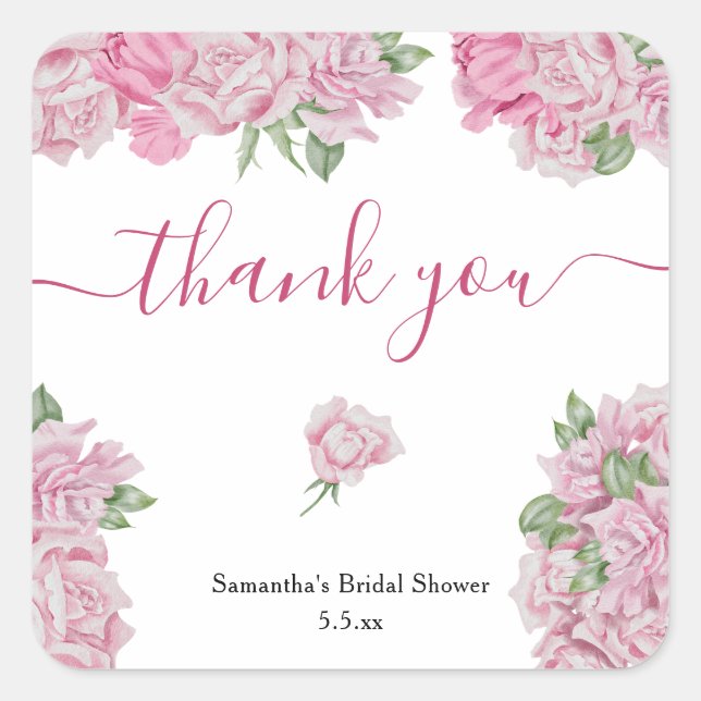 Pink roses - thank you bridal shower square sticker (Front)