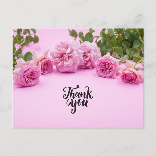 Pink roses Thank you card on pink background (Front)