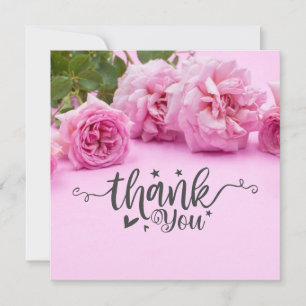 Pink roses Thank you card on pink background