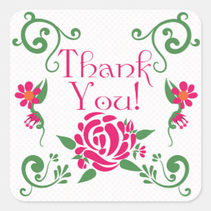 Pink Roses Thank You Square Stickers, Glossy Square Sticker