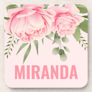 Pink roses trendy watercolor flowers coaster