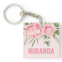 Pink roses trendy watercolor flowers keychain