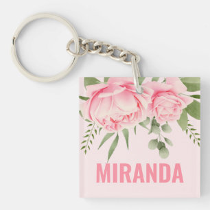 Pink roses trendy watercolor flowers keychain