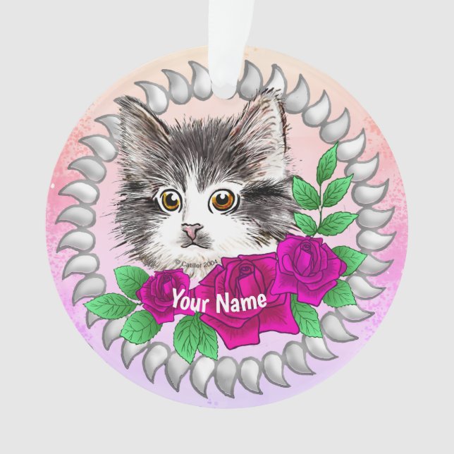 Pink Roses Tuxedo Cat  Ornament (Front)