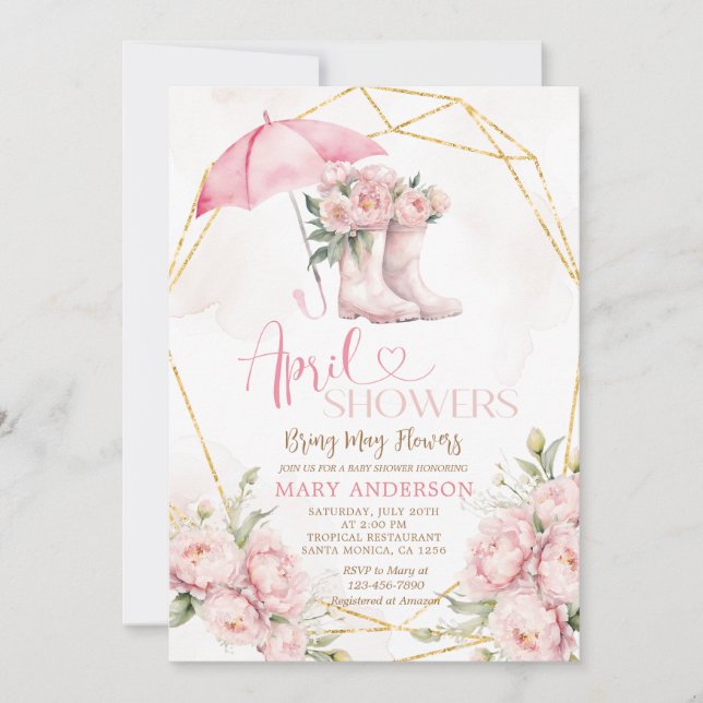 Pink Roses Umbrella Boots April Showers Invitation (Front)