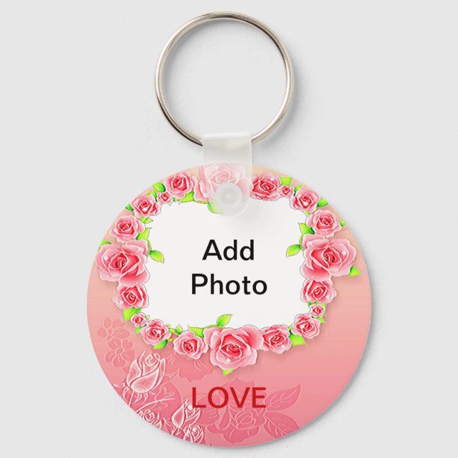 Pink Roses Valentine Add Your Photo Key Ring (Front)